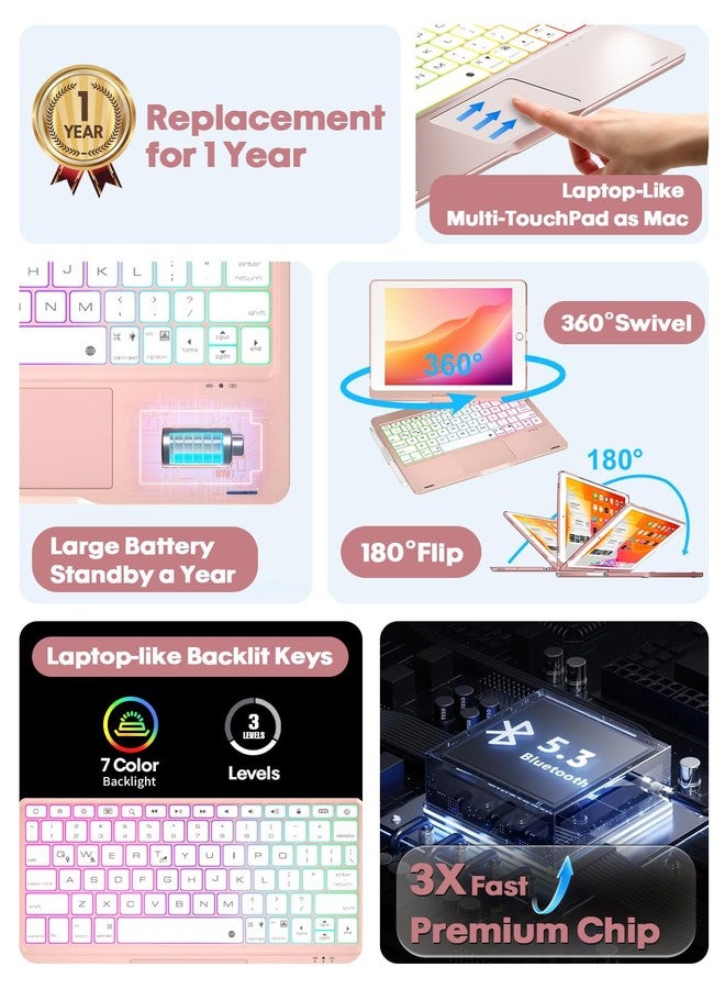 BABG iPad 9th Generation Case with Keyboard,360° Rotatable,Touchpad,Backlit Keyboard with Pencil Holder for 10.2 inch iPad 9th Gen 2021/ 8th Gen 2020/7th Gen 2019 and iPad Air 3/Pro 10.5"-Rose Gold - Image 3